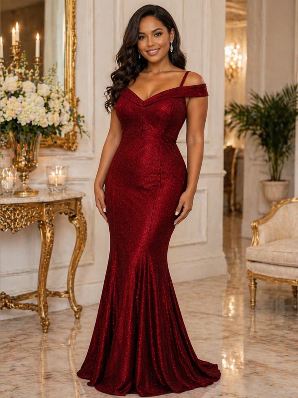 R&M Richards Dark Red Sparkle Off The Shoulder Gown 16